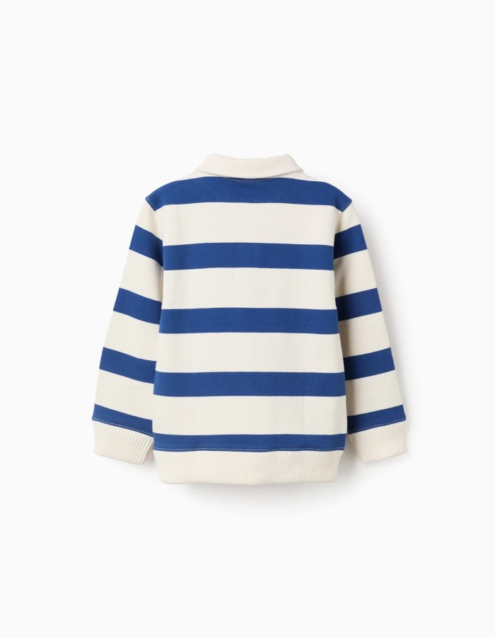 Striped cotton sweatshirt with polo collar for boys, white/blue