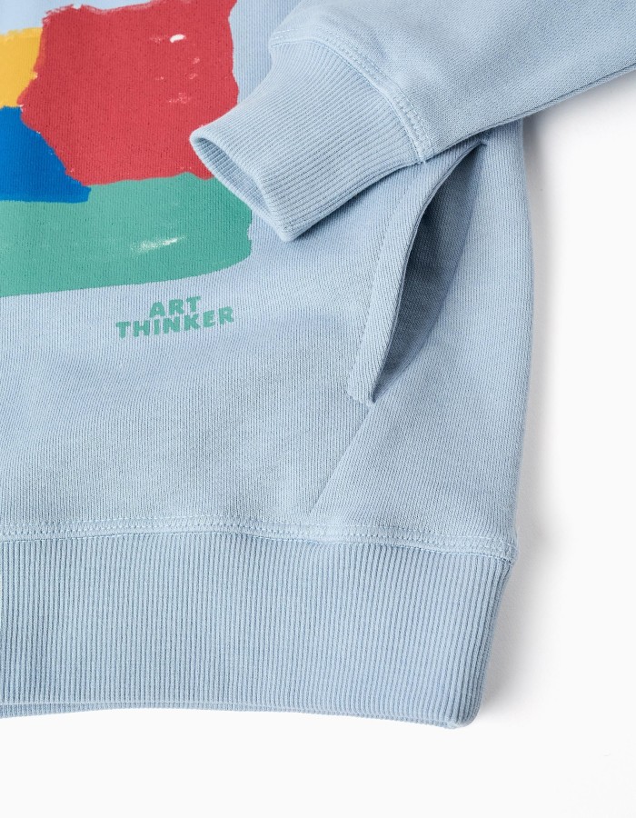 Cotton hooded sweatshirt with Art Thinker print for boys, light blue