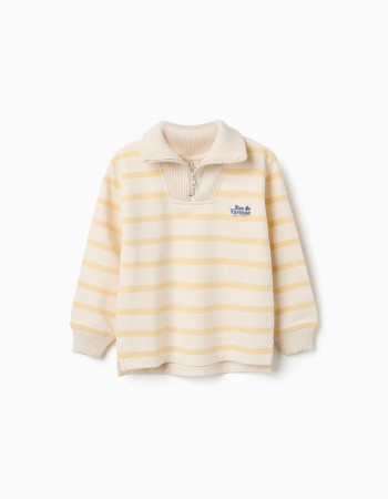 Half-zip cotton sweatshirt with stripes for boys, white/yellow
