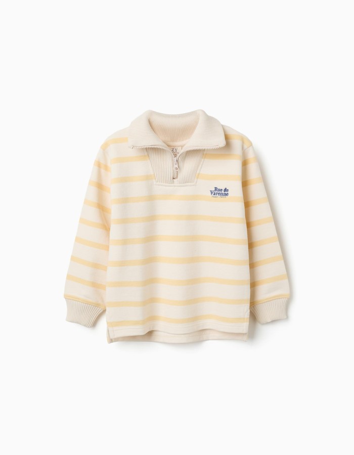 Half-zip cotton sweatshirt with stripes for boys, white/yellow