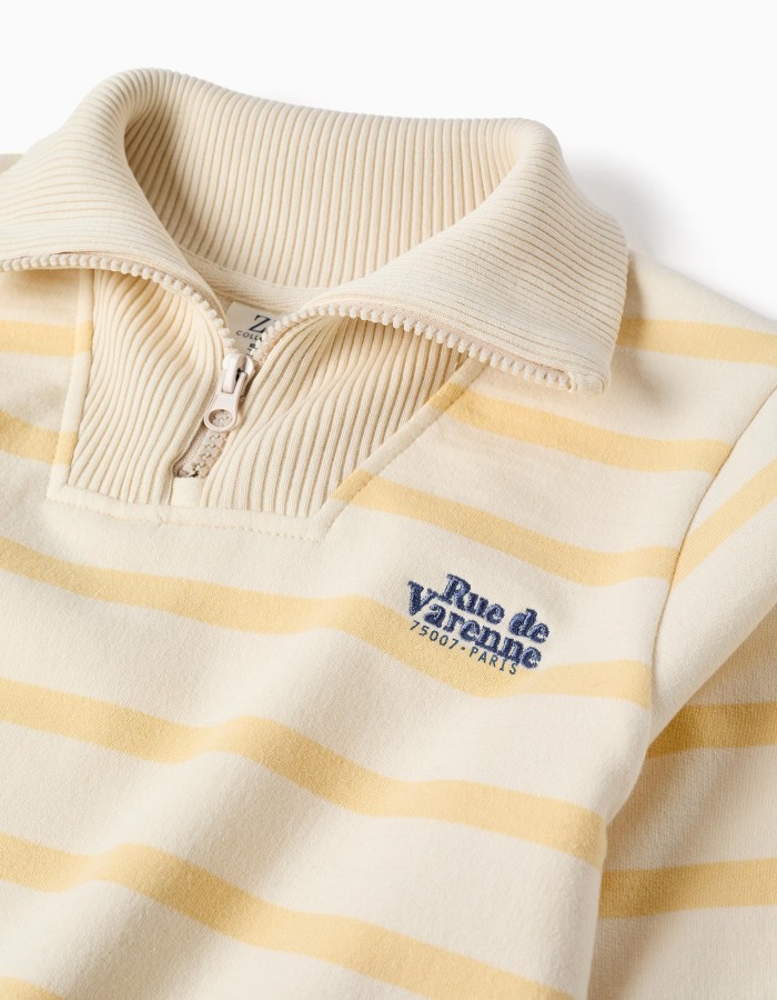 Half-zip cotton sweatshirt with stripes for boys, white/yellow