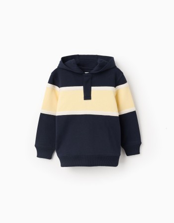 Cotton hooded sweatshirt with colour block for boys, blue/yellow/white