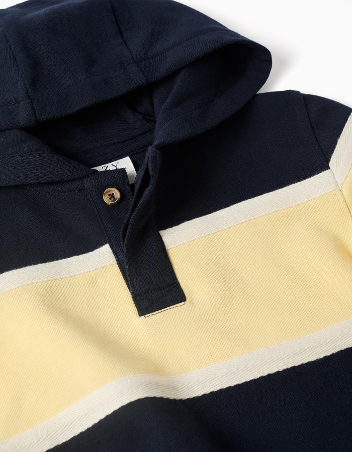 Cotton hooded sweatshirt with colour block for boys, blue/yellow/white