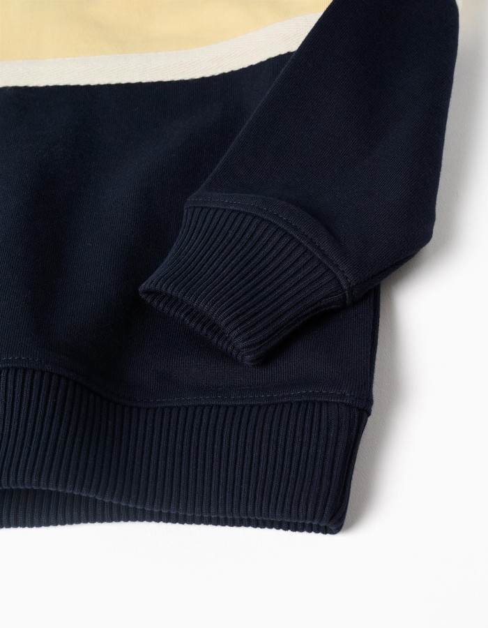 Cotton hooded sweatshirt with colour block for boys, blue/yellow/white