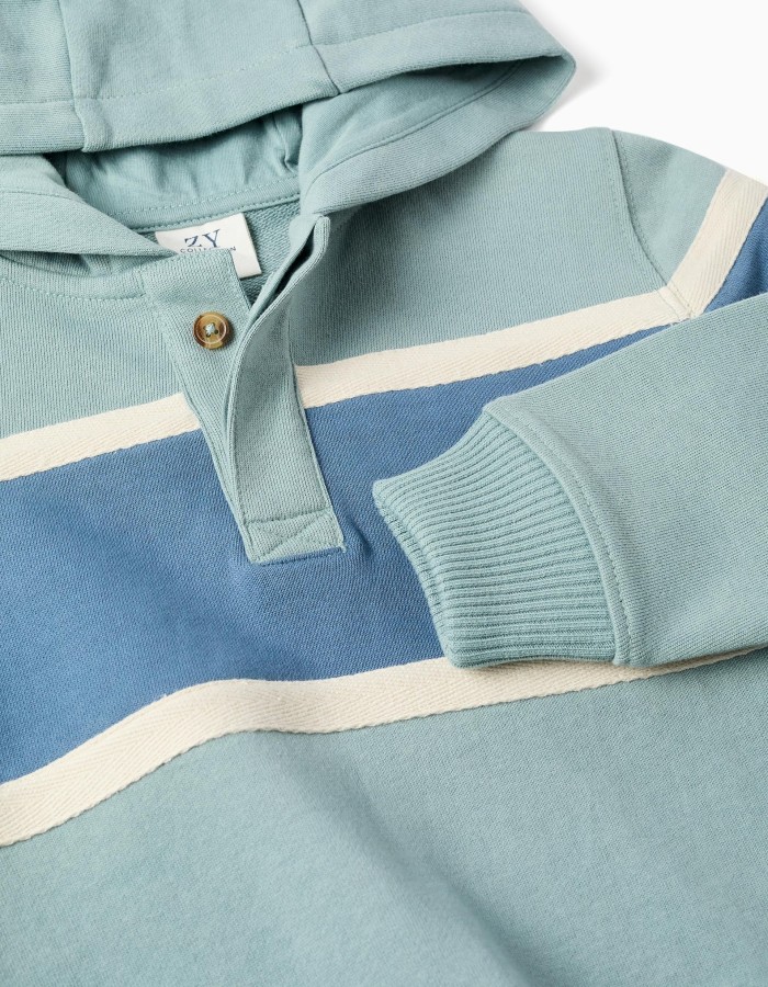 Cotton hooded sweatshirt with colour block for boys, green/blue/white