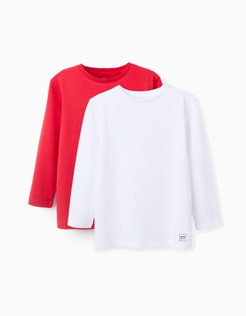 Pack of 2 Long-Sleeved Cotton T-shirts for Boys, White/Red
