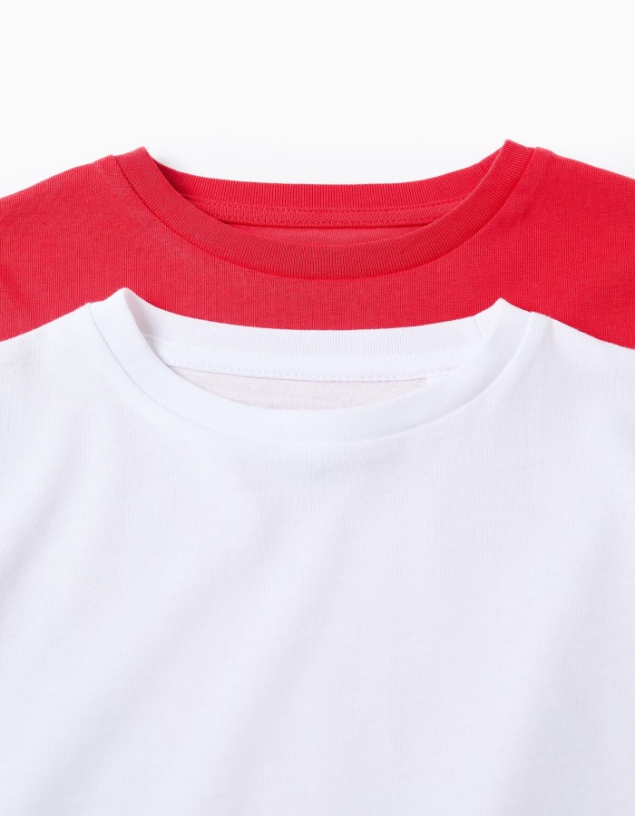 Pack of 2 Long-Sleeved Cotton T-shirts for Boys, White/Red