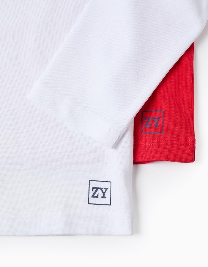 Pack of 2 Long-Sleeved Cotton T-shirts for Boys, White/Red