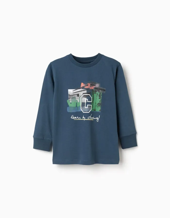 Long sleeve cotton T-shirt with print 'C' for boys, petrol blue