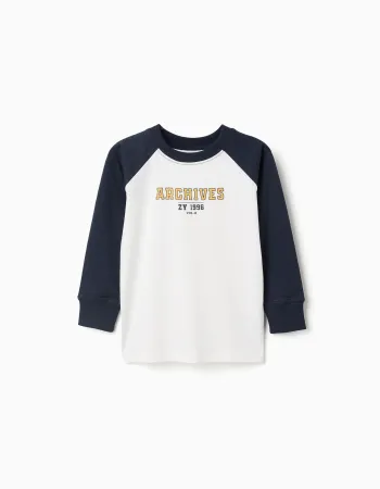 Long Sleeve Cotton T-shirt for Boys, White/Dark Blue