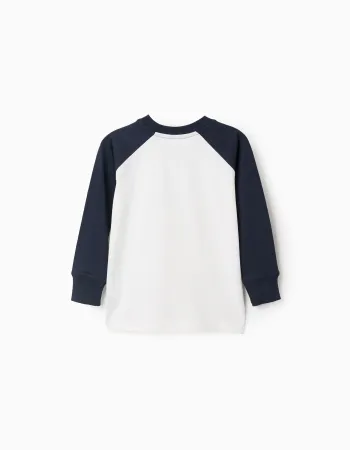 Long Sleeve Cotton T-shirt for Boys, White/Dark Blue