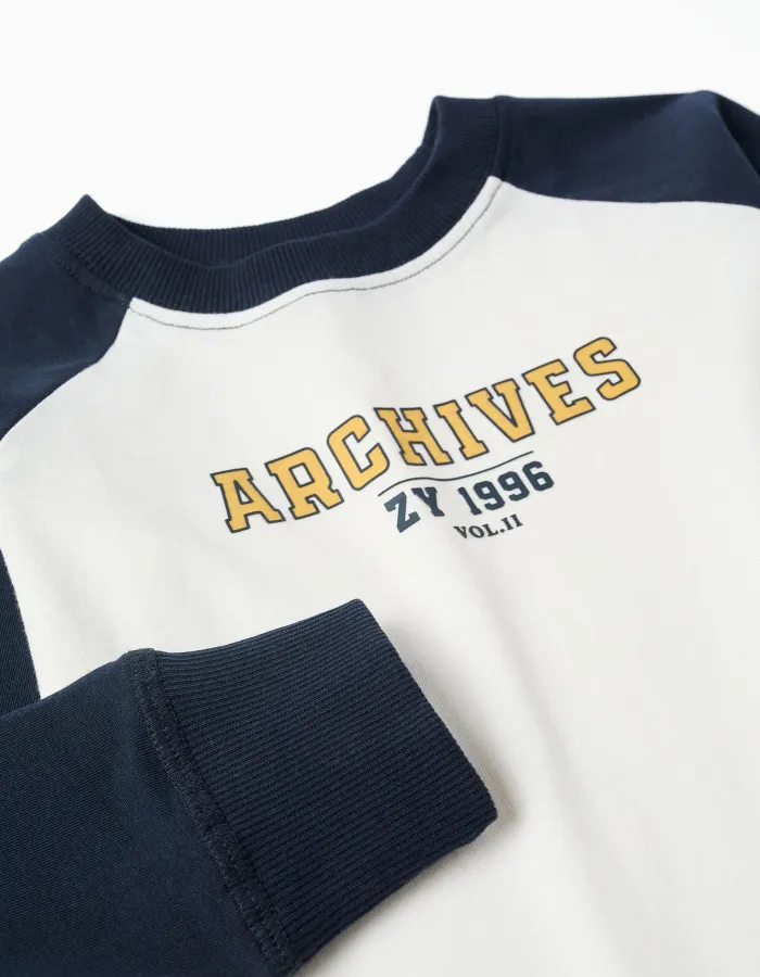 Long Sleeve Cotton T-shirt for Boys, White/Dark Blue