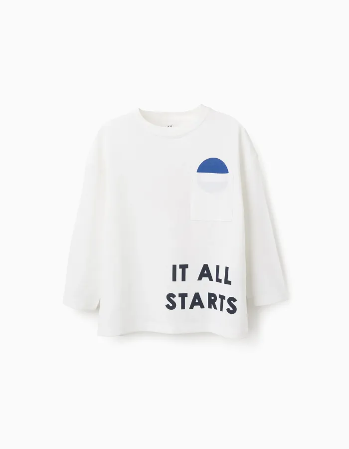 Long Sleeve Cotton T-shirt for Boys 'Dot', White