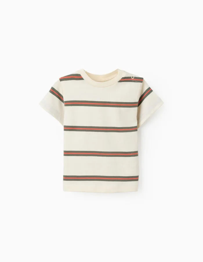Striped cotton T-shirt for baby boys, beige/orange/green