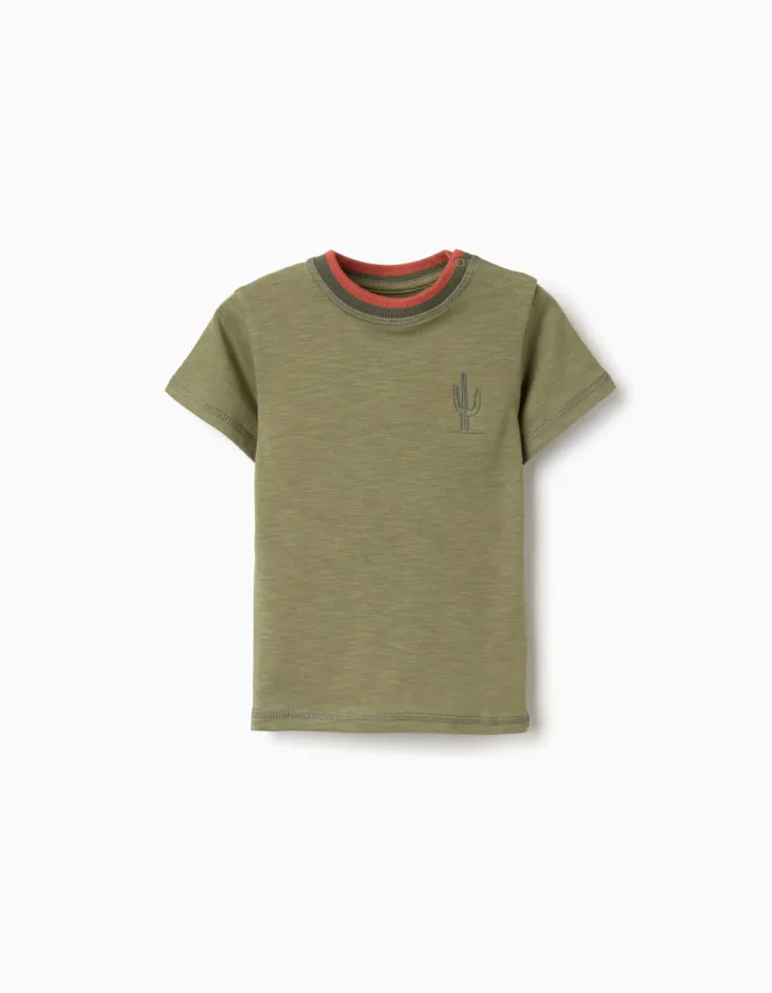 Cotton T-shirt with embroidered cactus for baby boys, dark green