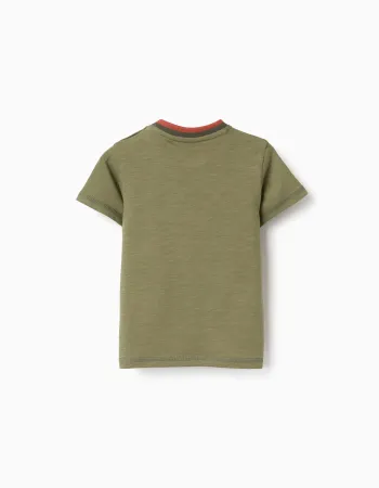 Cotton T-shirt with embroidered cactus for baby boys, dark green