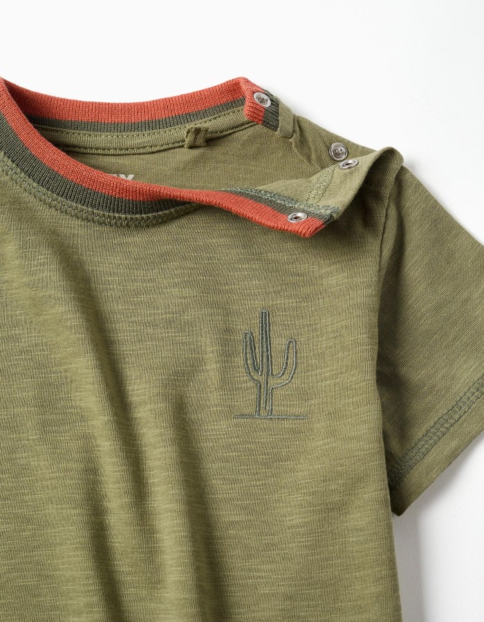 Cotton T-shirt with embroidered cactus for baby boys, dark green