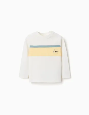 Long sleeve cotton T-shirt with print for baby boys, white/yellow/green