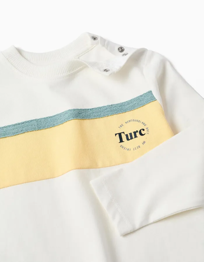Long sleeve cotton T-shirt with print for baby boys, white/yellow/green