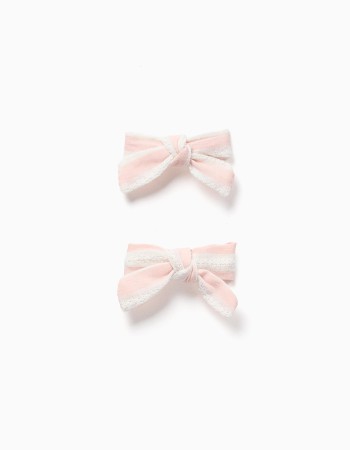 Pack of 2 hair clips with striped bow for babies and girls, pink/white