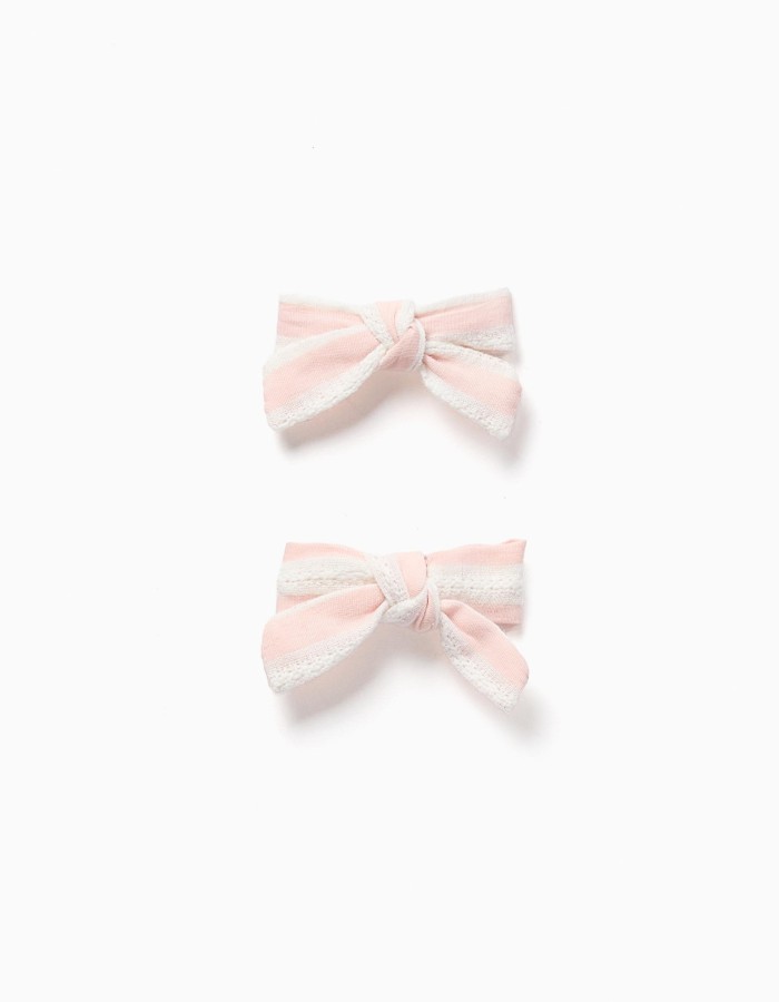 Pack of 2 hair clips with striped bow for babies and girls, pink/white