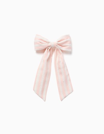 Hair slide with striped bow for babies and girls, light pink/white