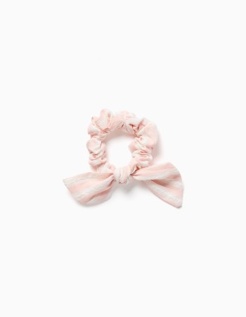 Scrunchie with striped bow for babies and for girls, light pink/white