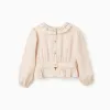 Poplin blouse with ruffles and balloon sleeves B&S for girls, beige