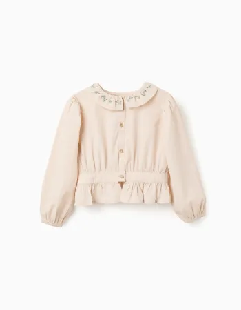 Poplin blouse with ruffles and balloon sleeves B&S for girls, beige