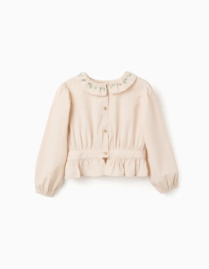 Poplin blouse with ruffles and balloon sleeves B&S for girls, beige