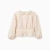 Poplin blouse with ruffles and balloon sleeves B&S for girls, beige