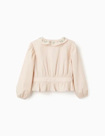 Poplin blouse with ruffles and balloon sleeves B&S for girls, beige