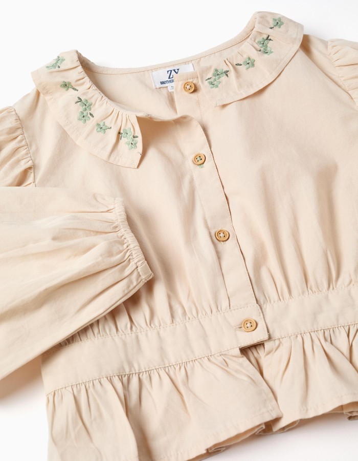 Poplin blouse with ruffles and balloon sleeves B&S for girls, beige