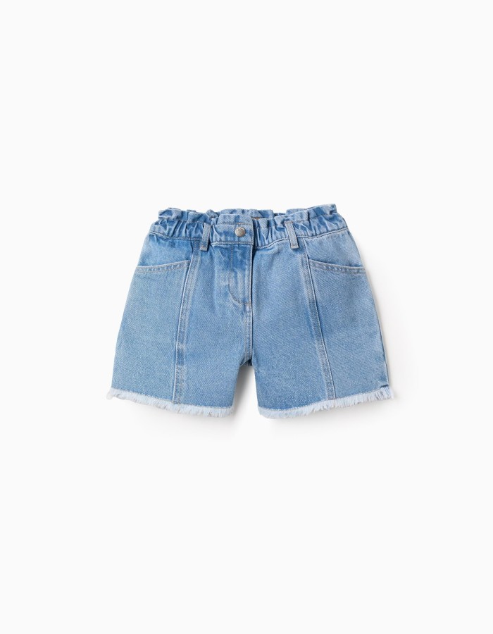 Denim shorts with frayed hems for girls, light blue