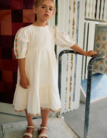 Dress with balloon sleeves and embroidery for girls, light beige