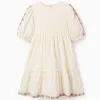Dress with balloon sleeves and embroidery for girls, light beige