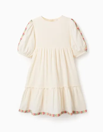 Dress with balloon sleeves and embroidery for girls, light beige