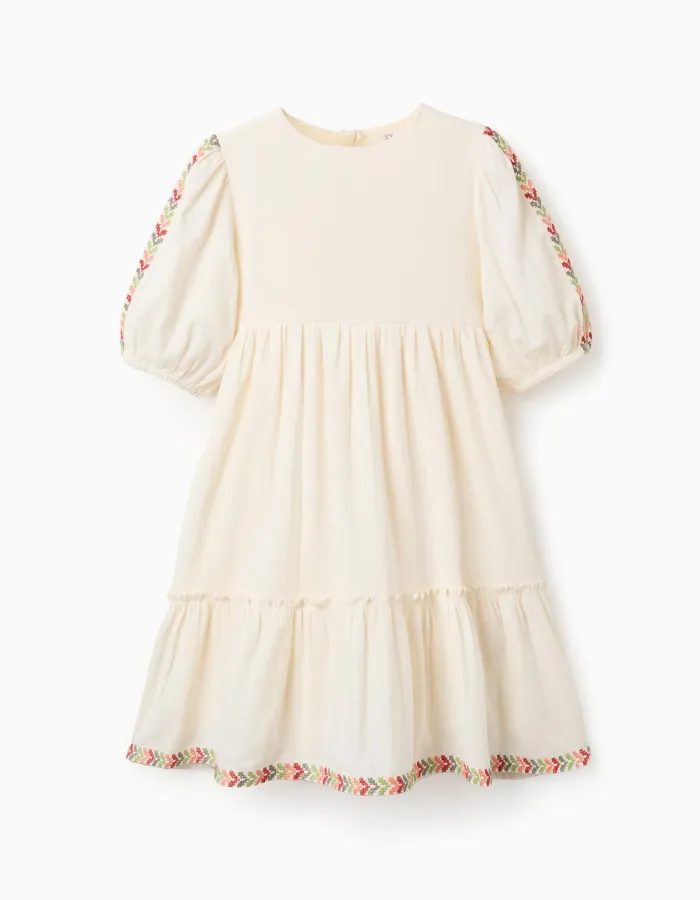 Dress with balloon sleeves and embroidery for girls, light beige