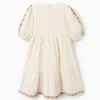 Dress with balloon sleeves and embroidery for girls, light beige