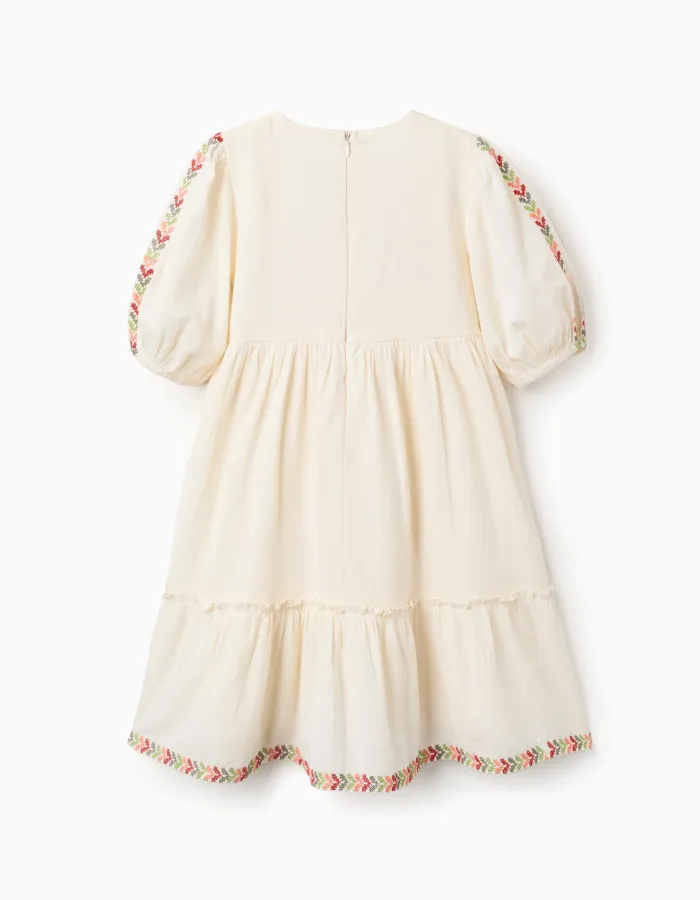 Dress with balloon sleeves and embroidery for girls, light beige