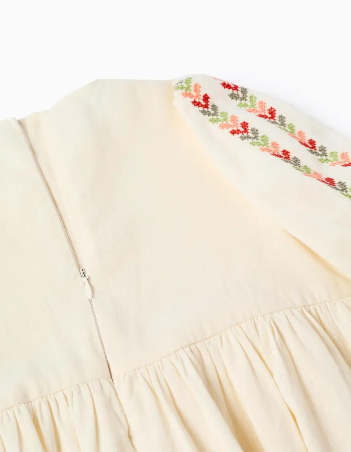 Dress with balloon sleeves and embroidery for girls, light beige