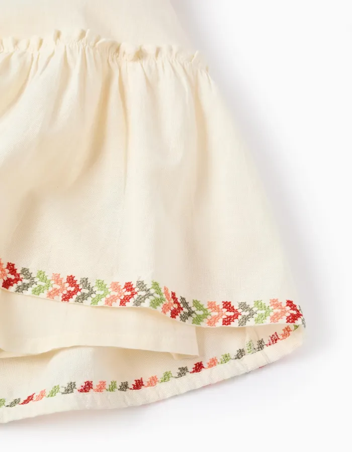 Dress with balloon sleeves and embroidery for girls, light beige