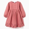 Long sleeve poplin dress with broderie anglaise for girls, pink