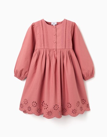 Long sleeve poplin dress with broderie anglaise for girls, pink