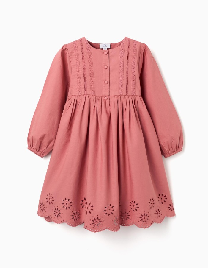Long sleeve poplin dress with broderie anglaise for girls, pink