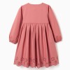 Long sleeve poplin dress with broderie anglaise for girls, pink