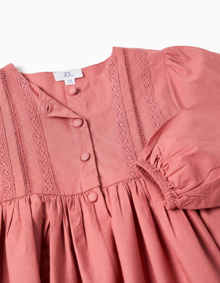 Long sleeve poplin dress with broderie anglaise for girls, pink