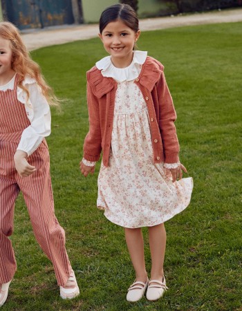 Long sleeve floral dress with lining for girls, light beige/pink