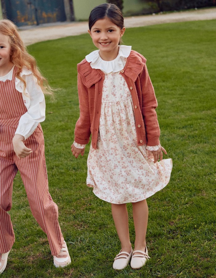 Long sleeve floral dress with lining for girls, light beige/pink