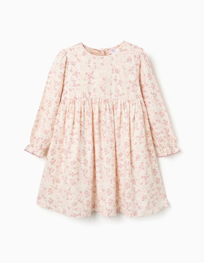 Long sleeve floral dress with lining for girls, light beige/pink